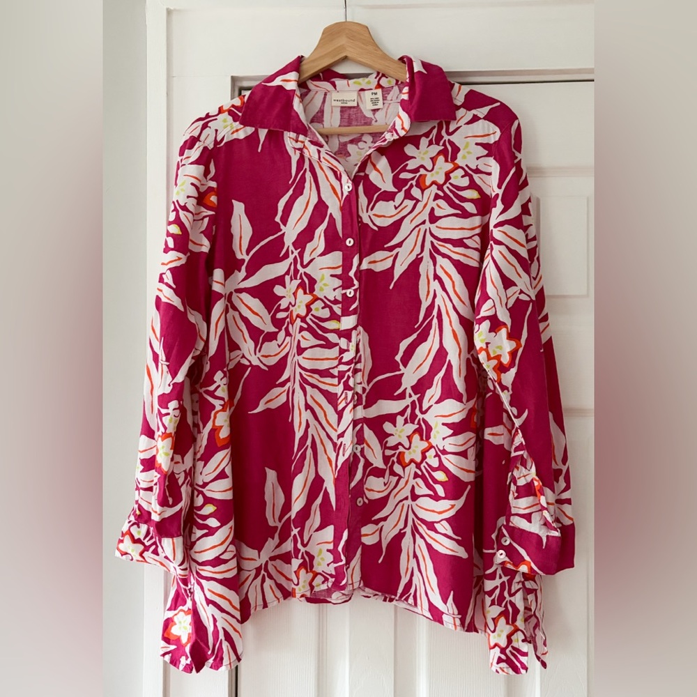 Westbound Tropical Linen Blend Floral Pink Button-Up Blouse Size Petite M EUC‎